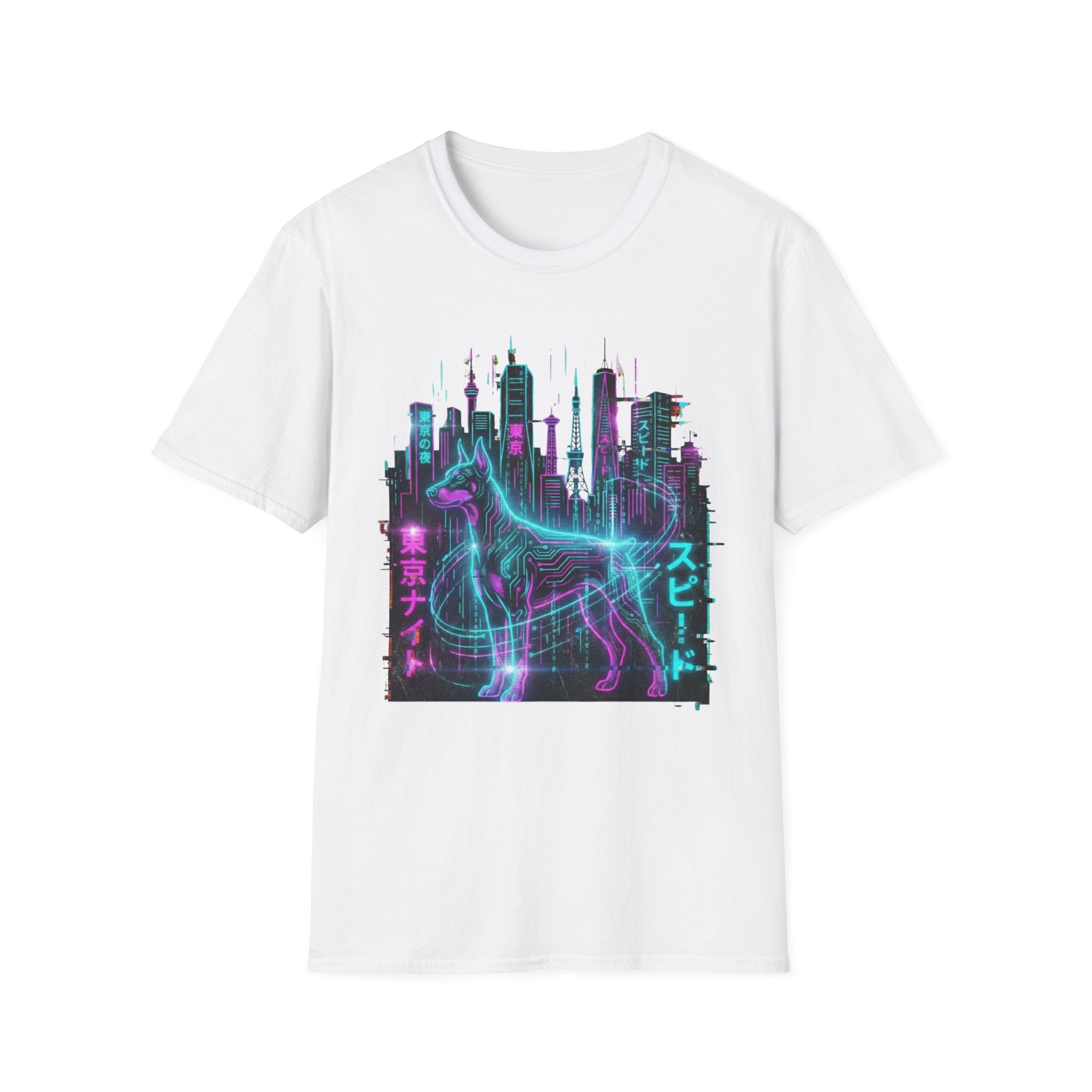 Cyberpunk Neon Wolf T-Shirt — Retro Tokyo Skyline Graphic