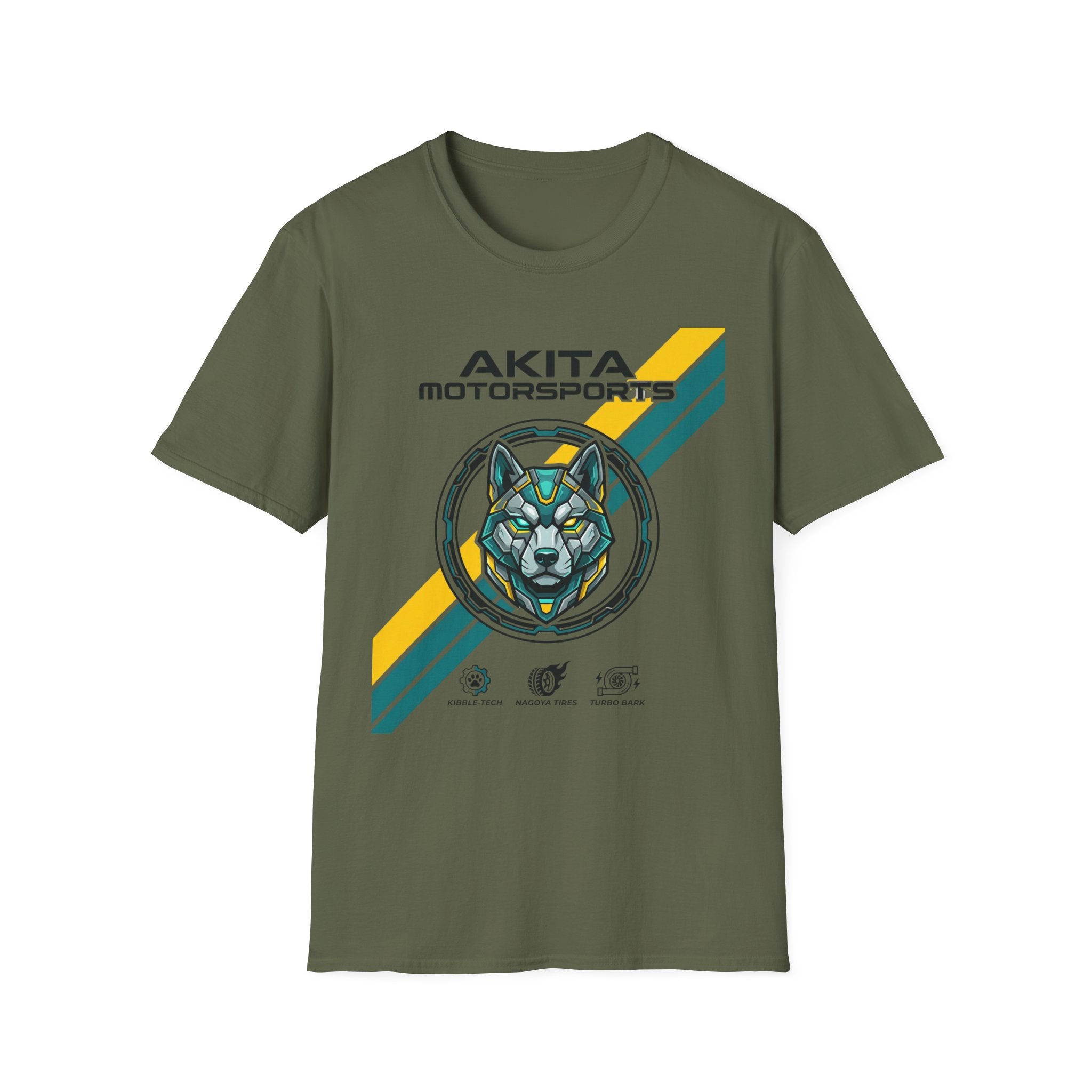 Akita Motorsports Racing T-Shirt — Retro Stripe Dog Helmet Tee