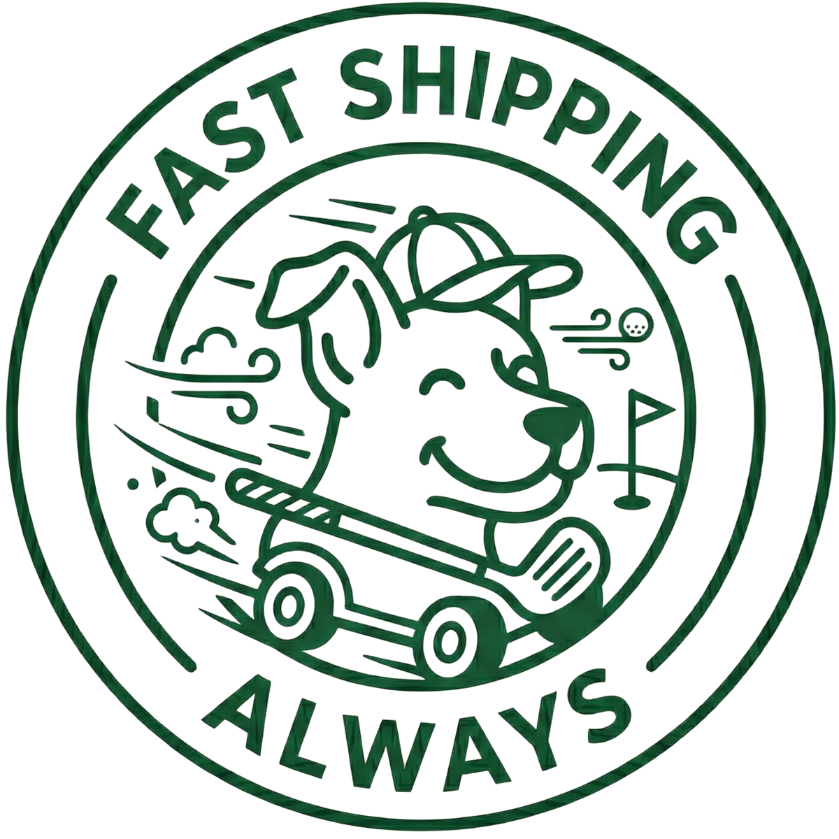 Green logo with a dog delivering packages and 'Fast Shipping Always' text on a white background