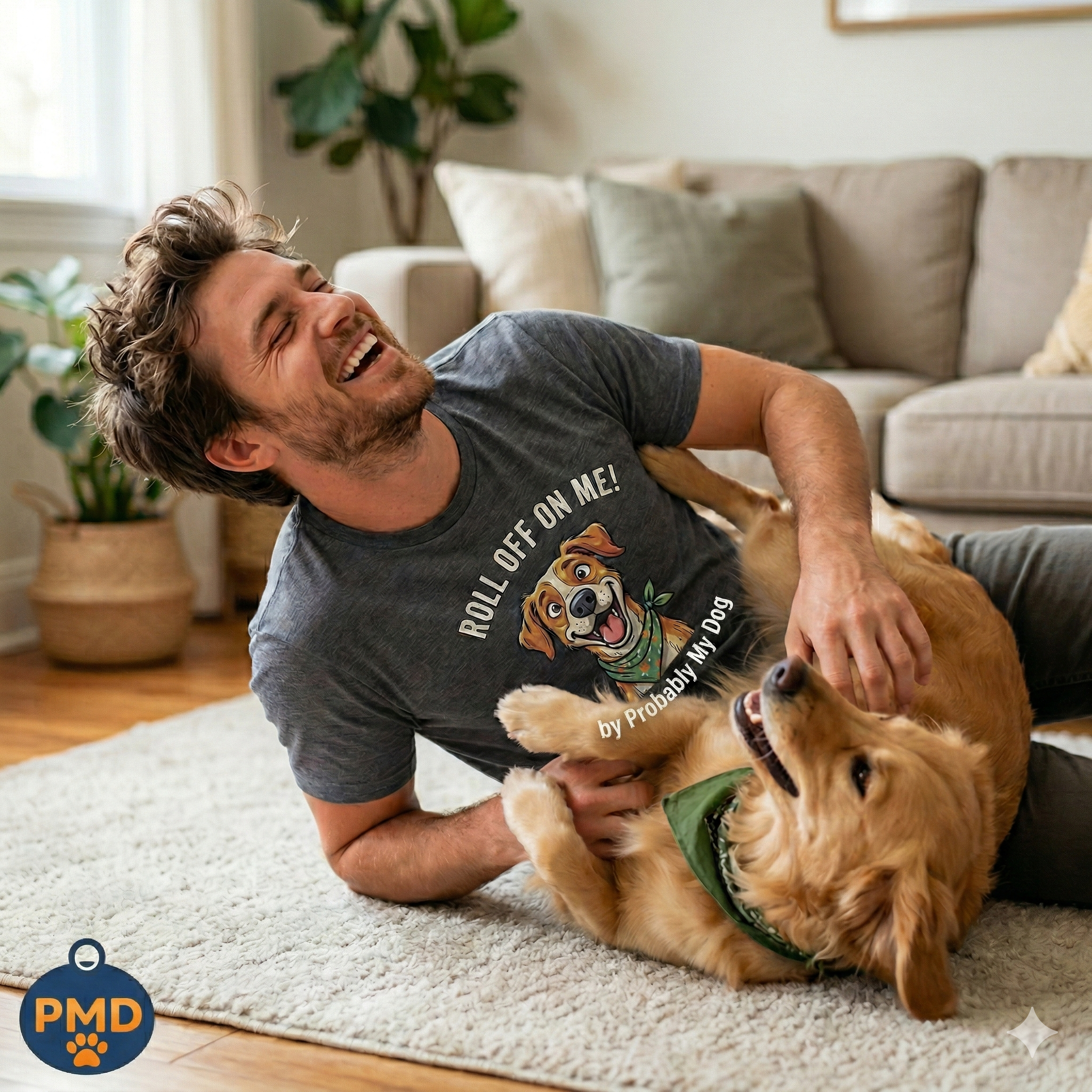 Man lying on the floor with a dog in a living room, both smiling. Posing for theProbably My Dog Brand.